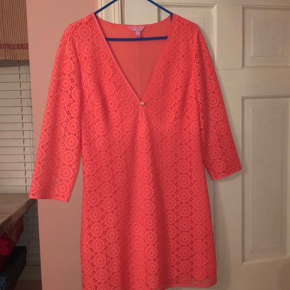 Lilly Pulitzer Dresses & Skirts - Lilly Pulitzer Bright Coral Eyelet LaceDress Sz L